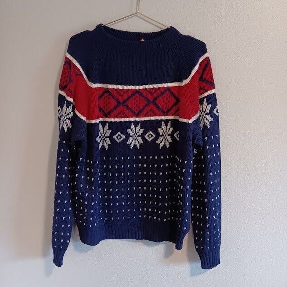 VTG 70s 80s JCPenny Mens M Knit Pullover Grandpa Red Blue Snowflake Geometric - Picture 1 of 5